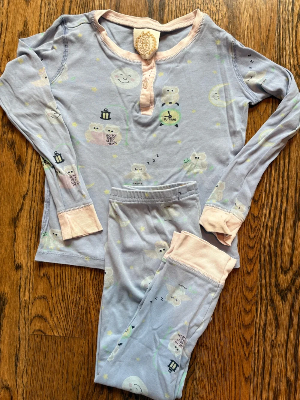 The Beaufort Bonnet Company Light Blue Owl & Moon Pajama Set with Pink Cuffs